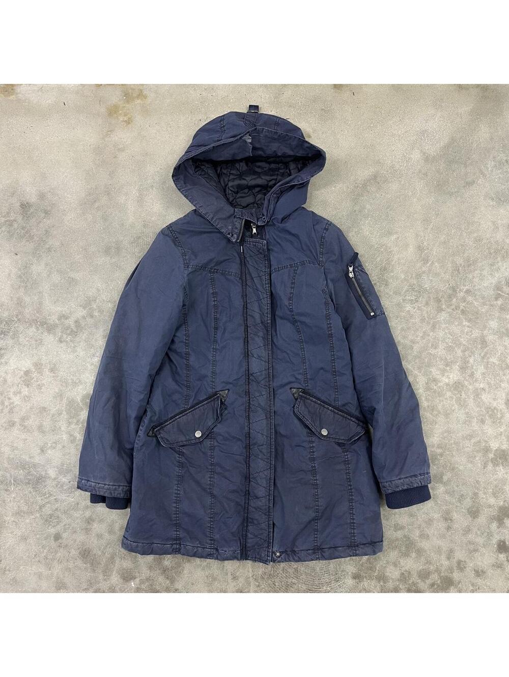 2000s Y2K Grunge Style Stone Faded Navy Blue Trench Coat Womens Size Medium Bass